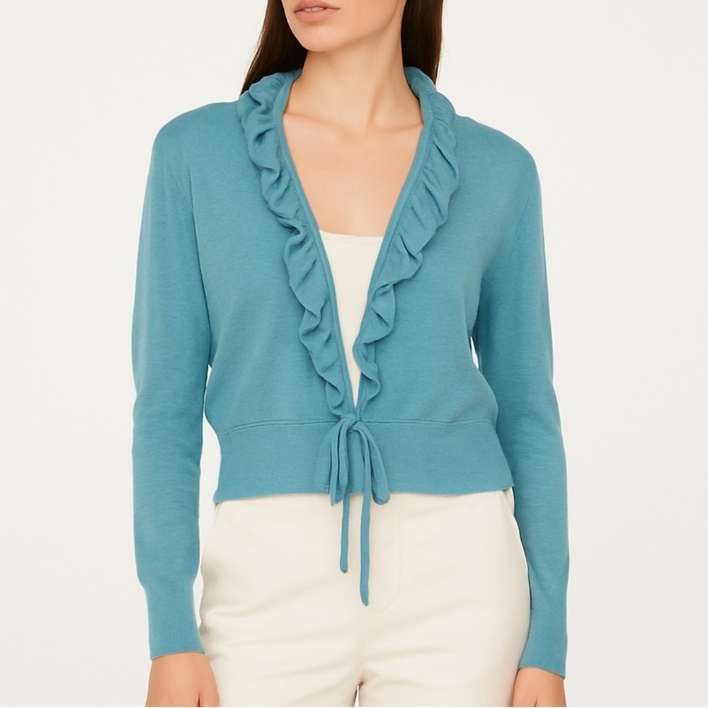 Lafayette 148 linen tie front ruffle trim lightweight cardigan cropped knit S